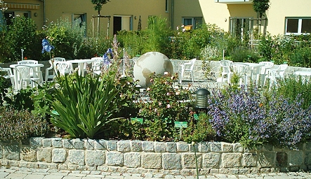 Im Hochbeet Pflanzen für die Aromatherapie. Im Hintergrund der Weltkugelbrunnen.